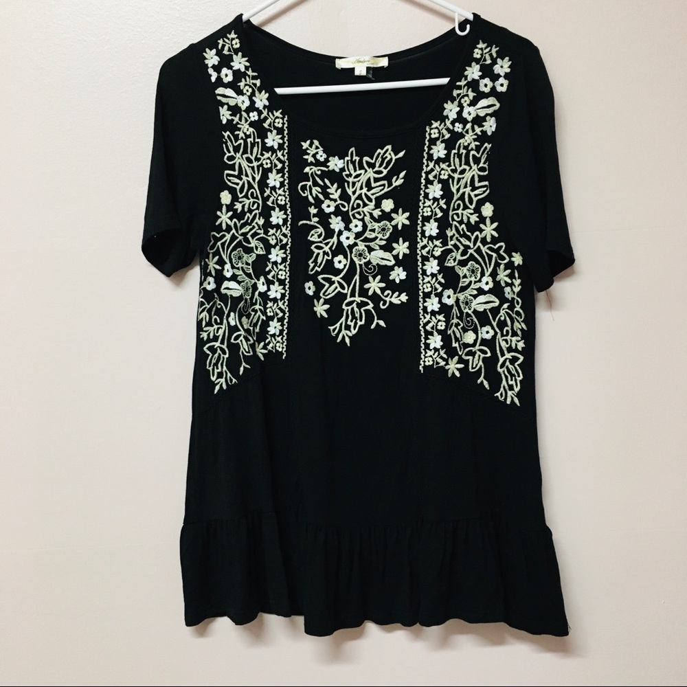 Andreé By Unit Black Flower Embroidered Peplum Top